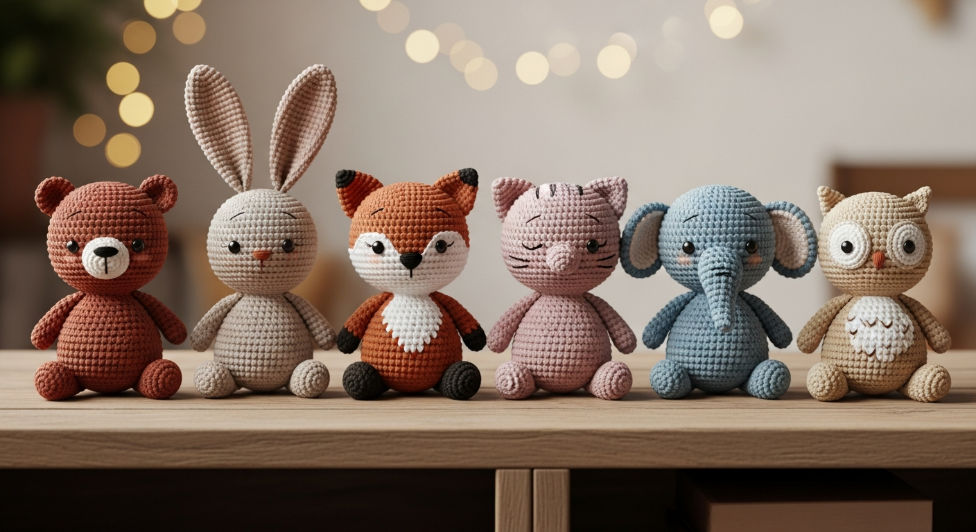 Коллекция вязаных игрушек амигуруми — медведи, зайцы, лисы, кошки